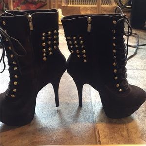 Brown platform gold studded lace up boots